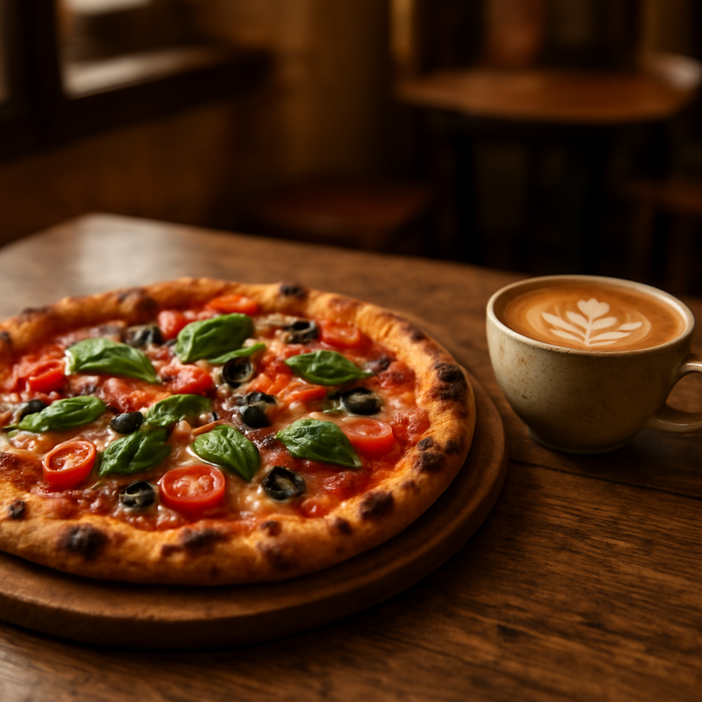 A freshly made pizza on a wooden board alongside a latte coffee with latte art at Camperdown Pizza and Coffee Lounge