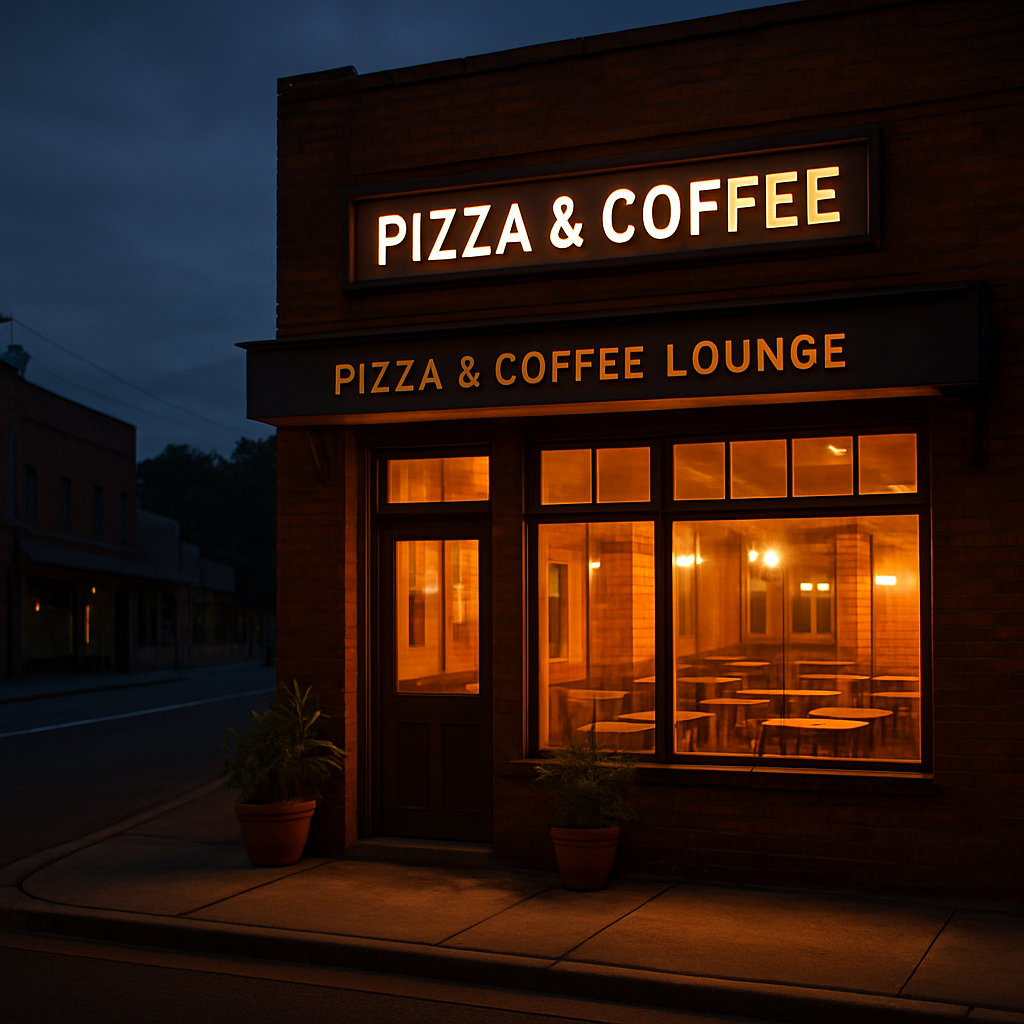 Exterior of Camperdown Pizza and Coffee Lounge shopfront on Manifold Street at dusk