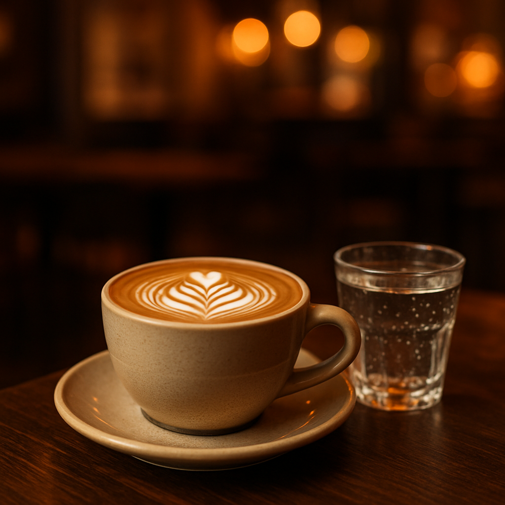A flat white coffee with intricate latte art in a ceramic cup at Camperdown Pizza and Coffee Lounge