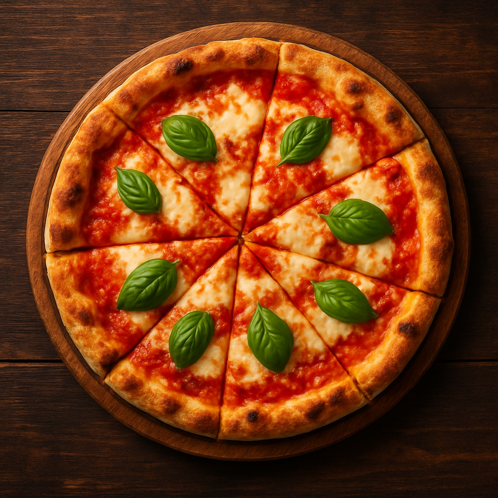 A freshly baked pizza with golden crust, basil, and melted mozzarella on a wooden board — Camperdown Pizza and Coffee Lounge
