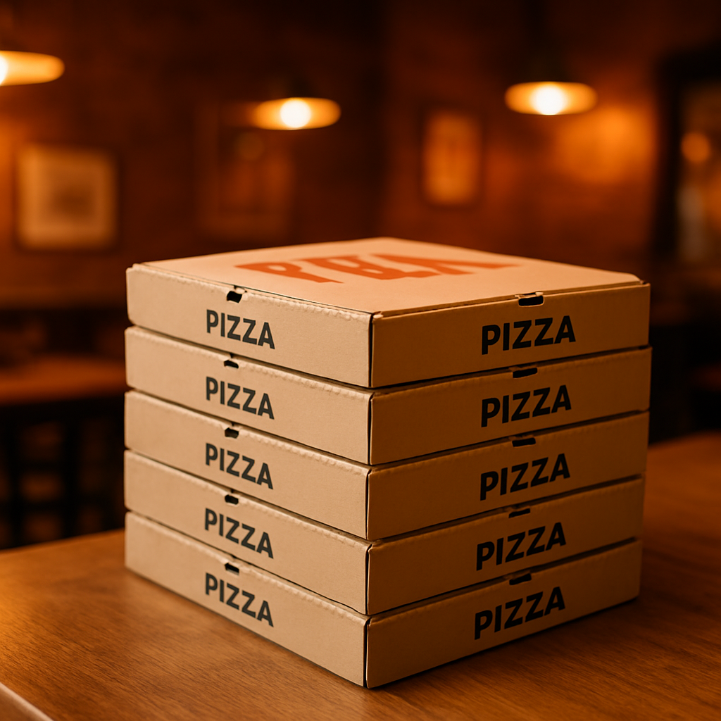 Stacked branded pizza boxes ready for takeaway at the counter